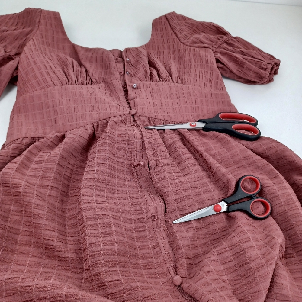 Ted Baker Angeia Midi Dress Size 3 US 8 Puff Sleeve Seersucker Feminine Defect - Picture 10 of 15